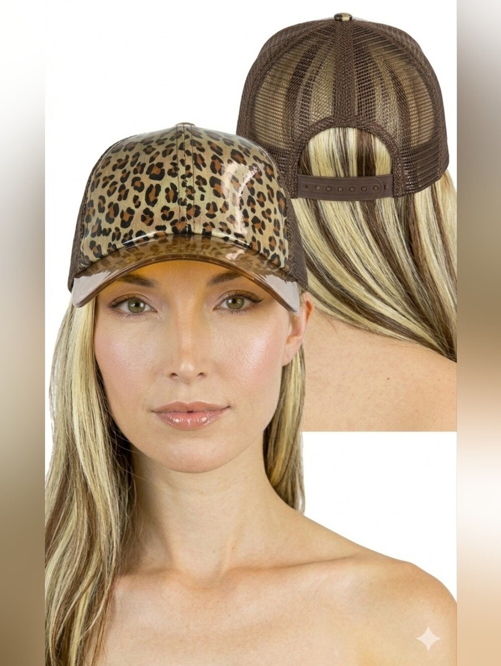 Nwt Magid Patent Leopard Print & Mesh Trucker Hat Amber Acrylic Clear Visor Brim